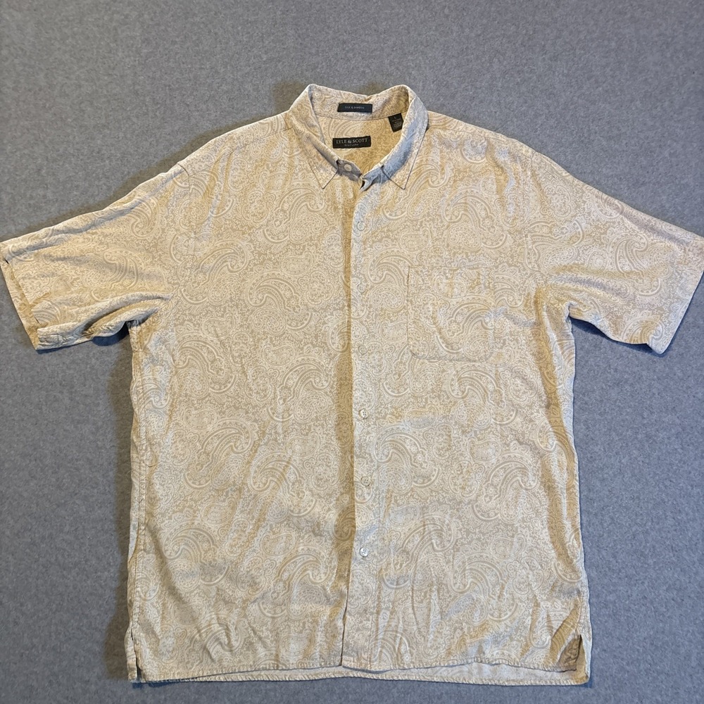 Lyle & Scott Paisley Tan Short Sleeve Button Up Men's L SOFT Silk & Bamboo